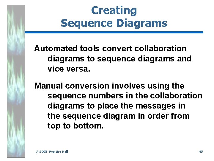 Creating Sequence Diagrams Automated tools convert collaboration diagrams to sequence diagrams and vice versa.