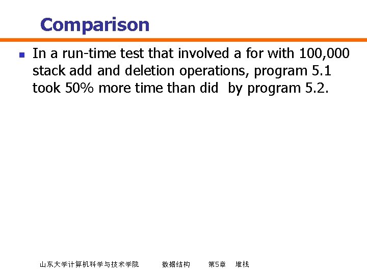 Comparison n In a run-time test that involved a for with 100, 000 stack