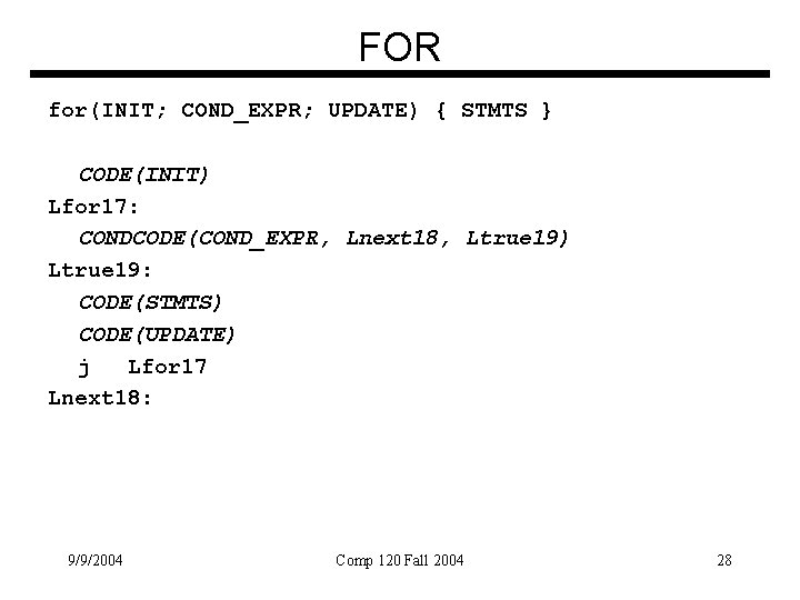 FOR for(INIT; COND_EXPR; UPDATE) { STMTS } CODE(INIT) Lfor 17: CONDCODE(COND_EXPR, Lnext 18, Ltrue