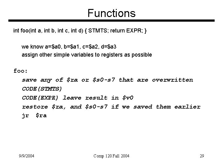 Functions int foo(int a, int b, int c, int d) { STMTS; return EXPR;