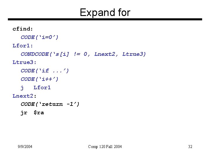 Expand for cfind: CODE(‘i=0’) Lfor 1: CONDCODE(‘s[i] != 0, Lnext 2, Ltrue 3) Ltrue