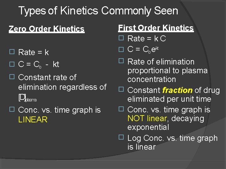 Types of Kinetics Commonly Seen Zero Order Kinetics � � Rate = k C