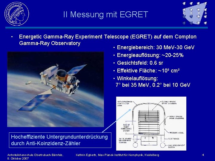 II Messung mit EGRET • Energetic Gamma-Ray Experiment Telescope (EGRET) auf dem Compton Gamma-Ray