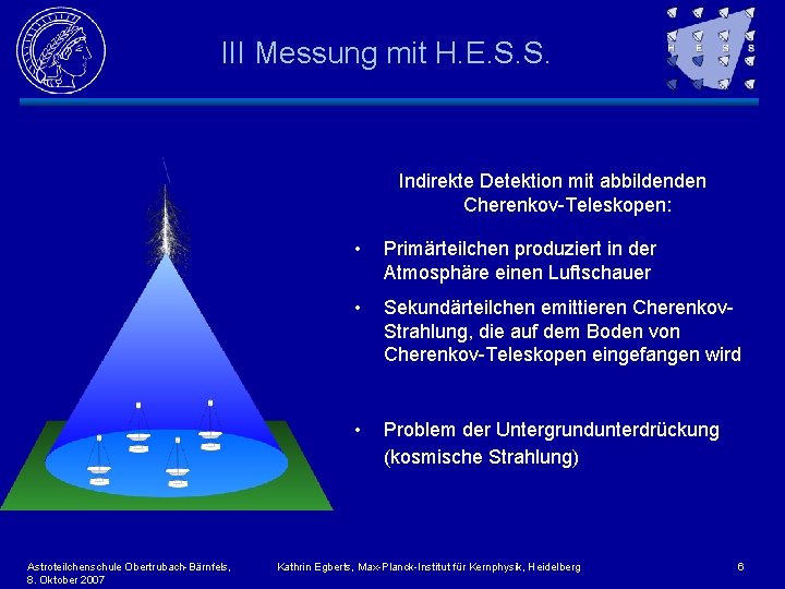 III Messung mit H. E. S. S. Indirekte Detektion mit abbildenden Cherenkov-Teleskopen: Astroteilchenschule Obertrubach-Bärnfels,