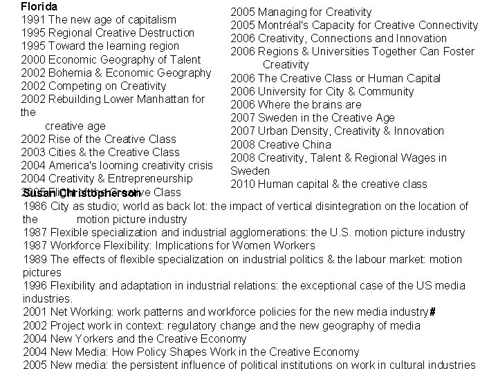 Florida 2005 Managing for Creativity 1991 The new age of capitalism 2005 Montréal's Capacity