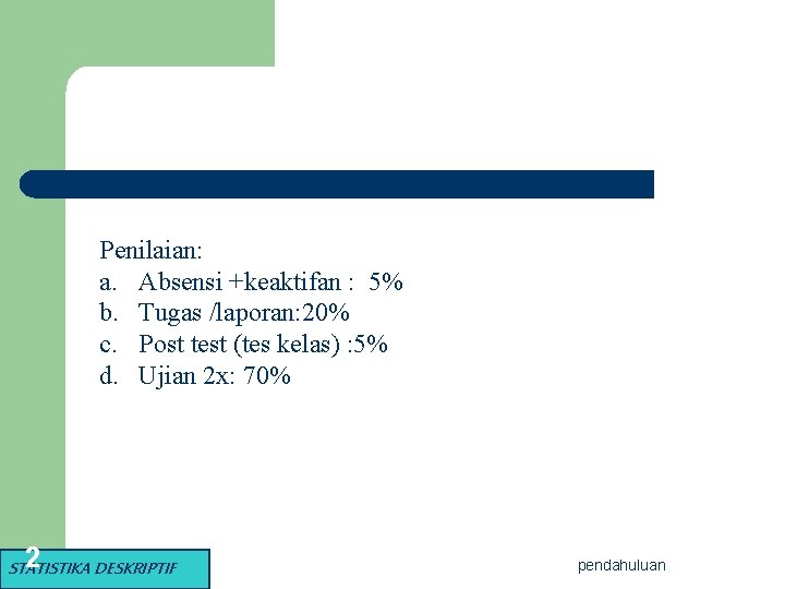 Penilaian: a. Absensi +keaktifan : 5% b. Tugas /laporan: 20% c. Post test (tes