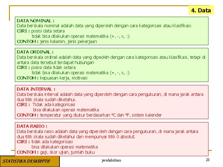 4. Data DATA NOMINAL : Data berskala nominal adalah data yang diperoleh dengan cara