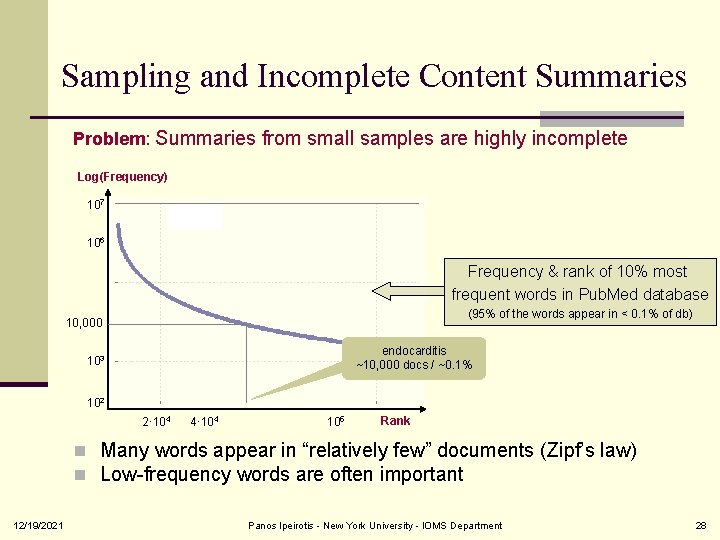 Sampling and Incomplete Content Summaries Problem: Summaries from small samples are highly incomplete Log(Frequency)