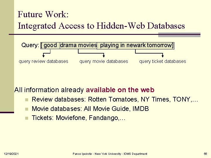 Future Work: Integrated Access to Hidden-Web Databases Query: [ good drama movies playing in