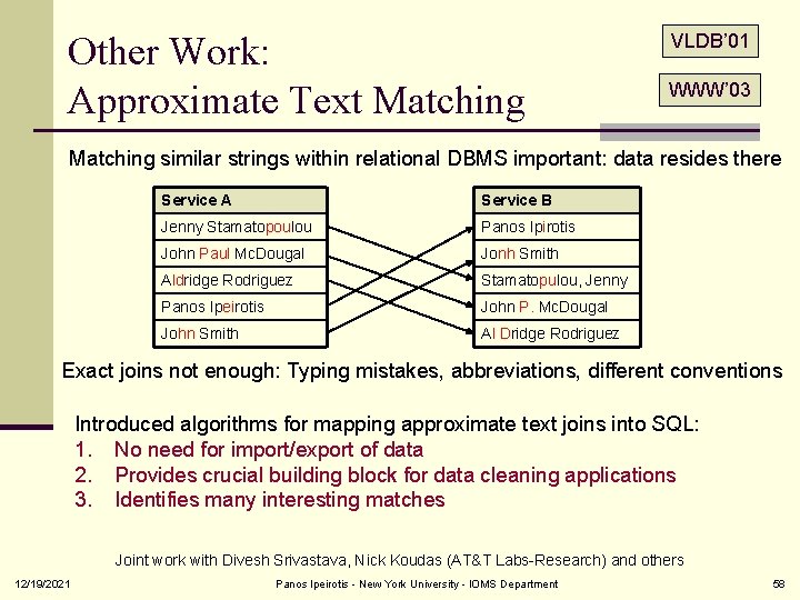 Other Work: Approximate Text Matching VLDB’ 01 WWW’ 03 Matching similar strings within relational
