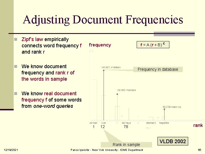 Adjusting Document Frequencies n Zipf’s law empirically connects word frequency f and rank r