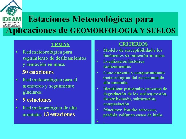 Estaciones Meteorológicas para Aplicaciones de GEOMORFOLOGIA Y SUELOS TEMAS • Red meteorológica para seguimiento