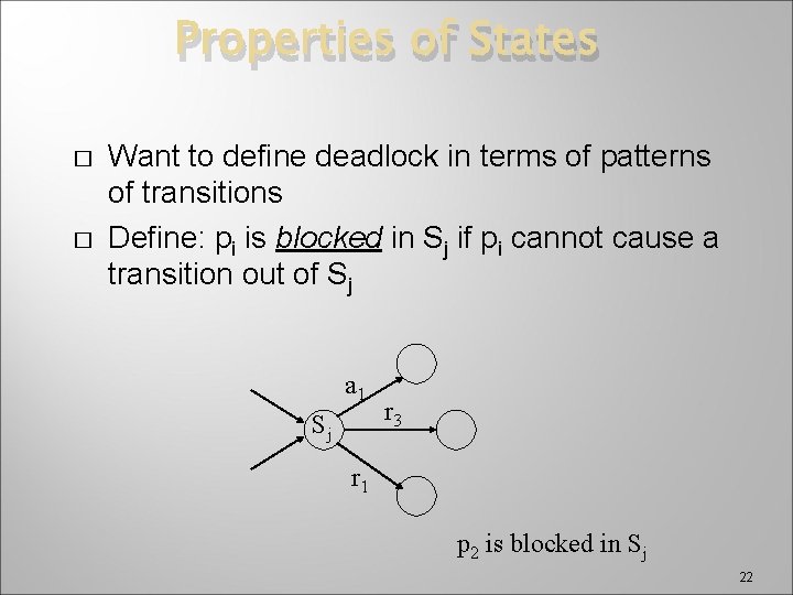 Properties of States � � Want to define deadlock in terms of patterns of