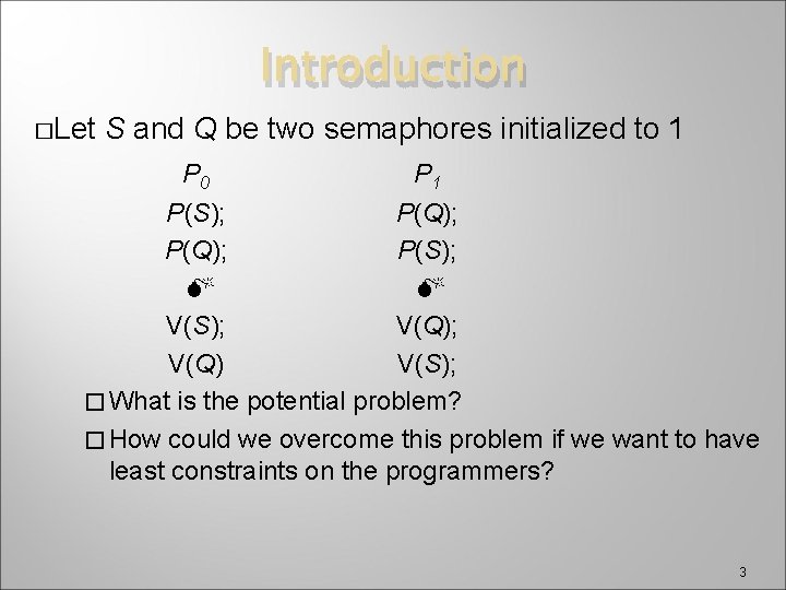 Introduction �Let S and Q be two semaphores initialized to 1 P 0 P