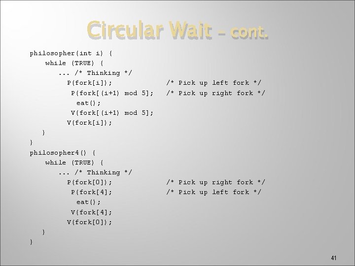 Circular Wait philosopher(int i) { while (TRUE) {. . . /* Thinking P(fork[i]); P(fork[(i+1)