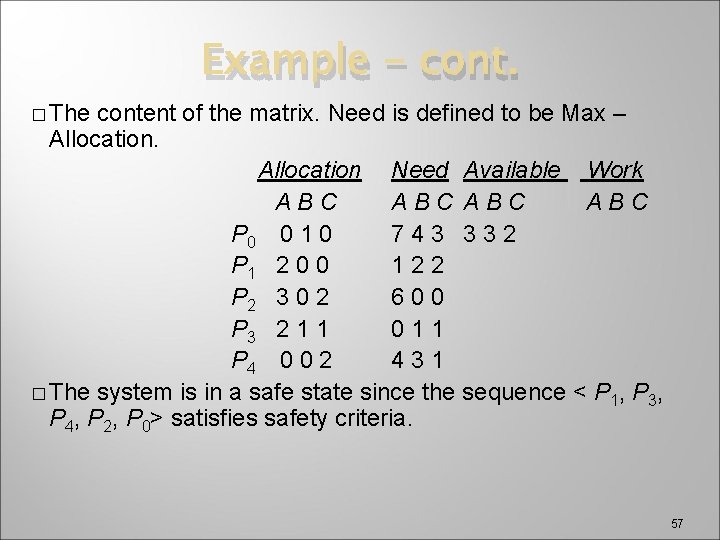 Example - cont. � The content of the matrix. Need is defined to be