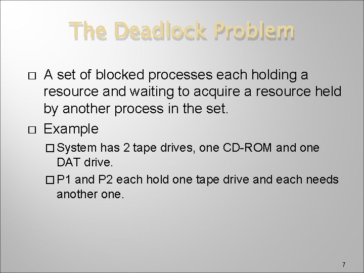 The Deadlock Problem � � A set of blocked processes each holding a resource
