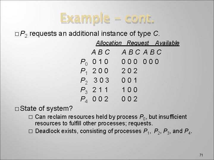 Example - cont. � P 2 requests an additional instance of type C. Allocation