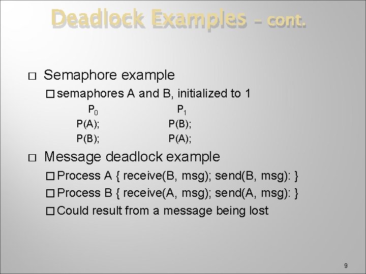 Deadlock Examples � Semaphore example � semaphores P 0 P(A); P(B); � – cont.