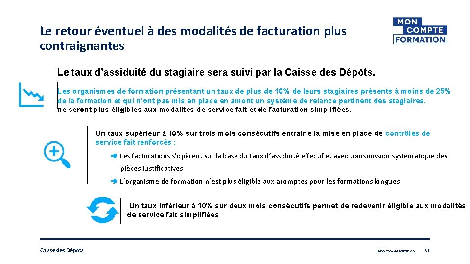 Le retour éventuel à des modalités de facturation plus contraignantes Le taux d’assiduité du