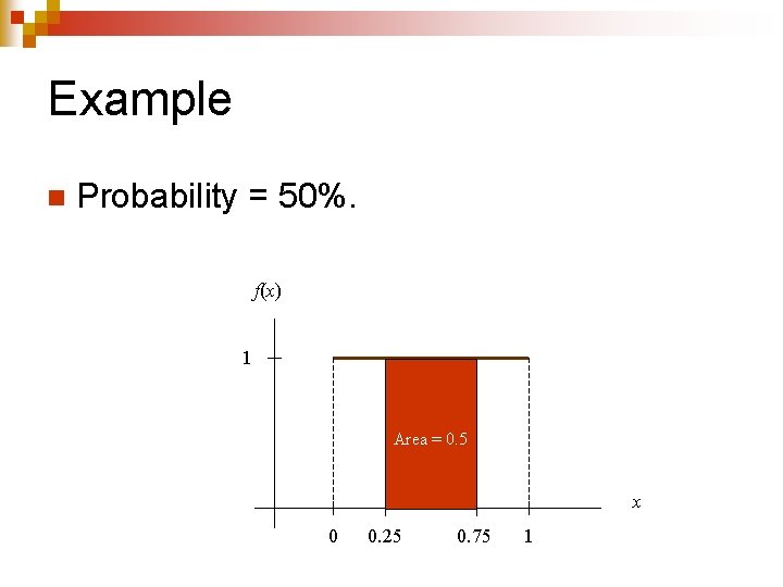 Example n Probability = 50%. f(x) 1 Area = 0. 5 x 0 0.