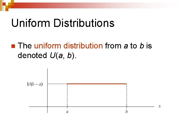 Uniform Distributions n The uniform distribution from a to b is denoted U(a, b).