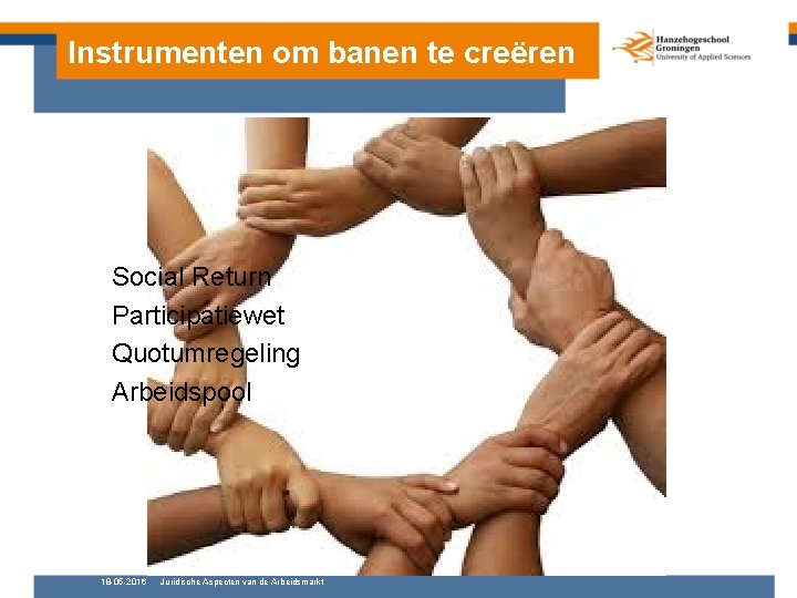 Instrumenten om banen te creëren Social Return Participatiewet Quotumregeling Arbeidspool 18 -05 -2016 Juridische