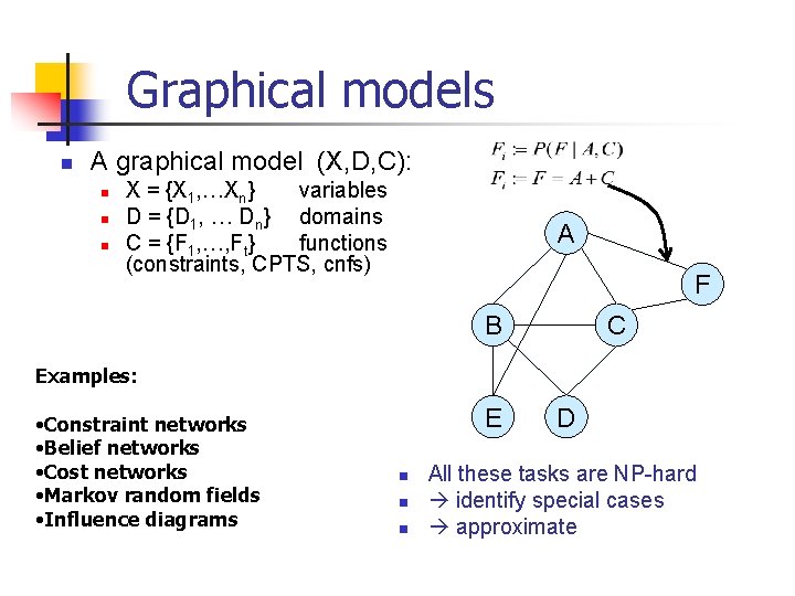 Graphical models n A graphical model (X, D, C): n n n X =