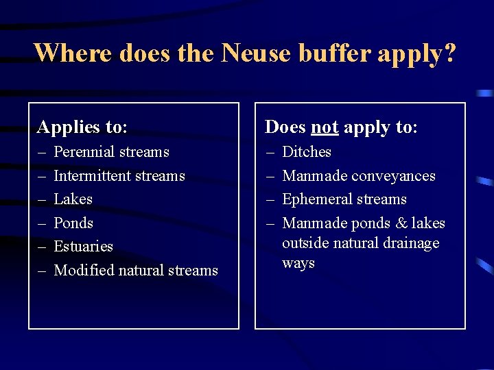 Where does the Neuse buffer apply? Applies to: Does not apply to: – –