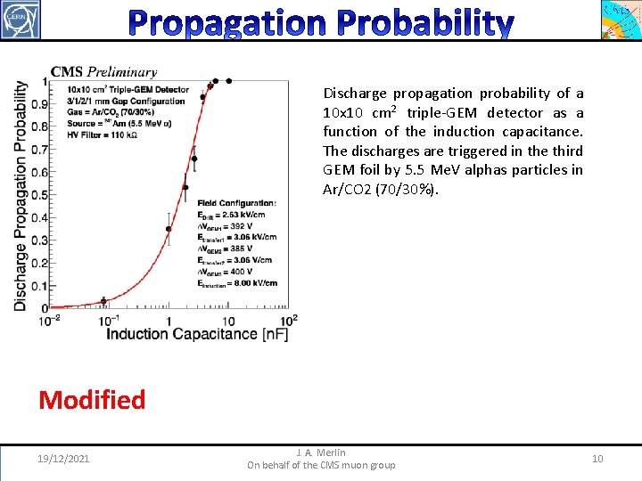 Discharge propagation probability of a 10 x 10 cm 2 triple-GEM detector as a