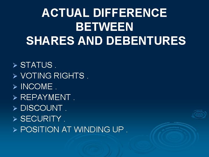 ACTUAL DIFFERENCE BETWEEN SHARES AND DEBENTURES STATUS. Ø VOTING RIGHTS. Ø INCOME. Ø REPAYMENT.