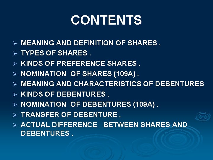 CONTENTS Ø Ø Ø Ø Ø MEANING AND DEFINITION OF SHARES. TYPES OF SHARES.