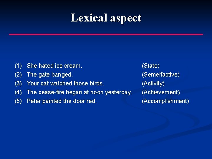 Lexical aspect (1) (2) (3) (4) She hated ice cream. The gate banged. Your