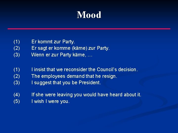 Mood (1) (2) (3) Er kommt zur Party. Er sagt er komme (käme) zur