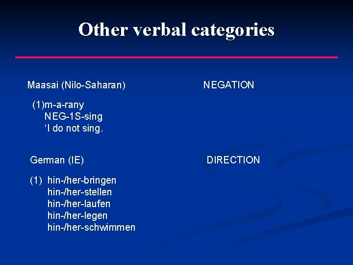 Other verbal categories Maasai (Nilo-Saharan) NEGATION (1)m-a-rany NEG-1 S-sing ‘I do not sing. German
