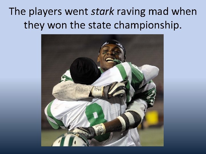 The players went stark raving mad when they won the state championship. 