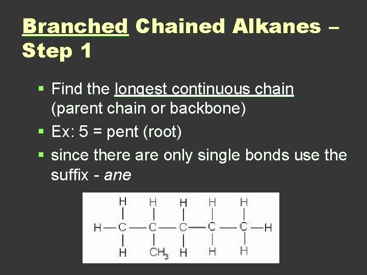 Branched Chained Alkanes – Step 1 § Find the longest continuous chain (parent chain