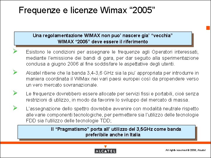 Frequenze e licenze Wimax “ 2005” 4 Una regolamentazione WIMAX non puo’ nascere gia’