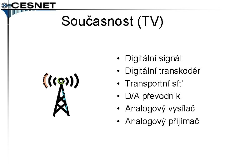 Současnost (TV) • • • Digitální signál Digitální transkodér Transportní síť D/A převodník Analogový