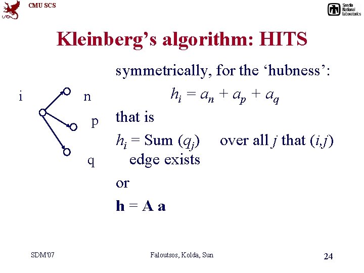 CMU SCS Kleinberg’s algorithm: HITS i n p q SDM'07 symmetrically, for the ‘hubness’:
