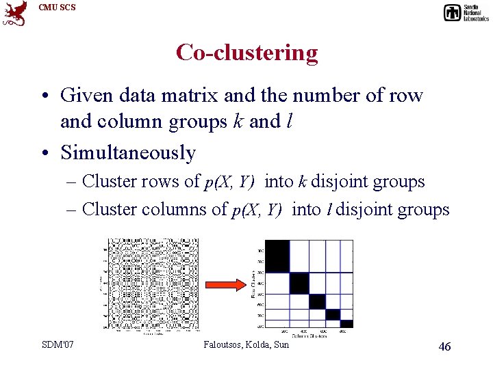 CMU SCS Co-clustering • Given data matrix and the number of row and column