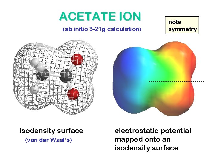 ACETATE ION (ab initio 3 -21 g calculation) isodensity surface (van der Waal’s) note