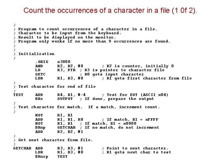 Count the occurrences of a character in a file (1 0 f 2). ;