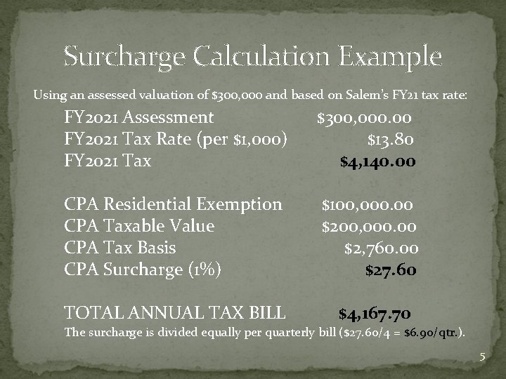 Surcharge Calculation Example Using an assessed valuation of $300, 000 and based on Salem’s