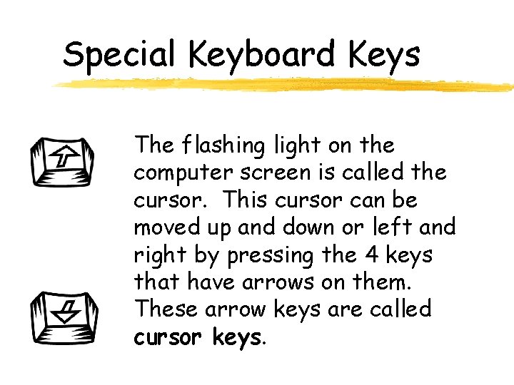 Special Keyboard Keys The flashing light on the computer screen is called the cursor.