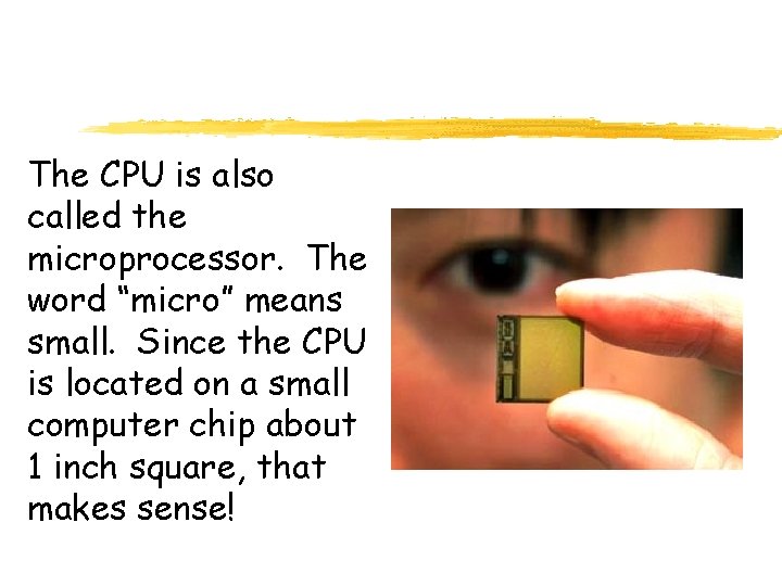 The CPU is also called the microprocessor. The word “micro” means small. Since the