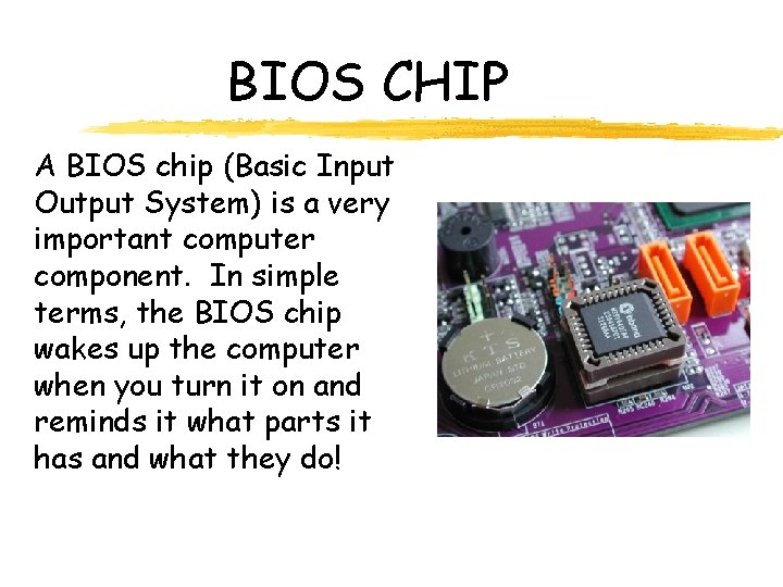 BIOS CHIP A BIOS chip (Basic Input Output System) is a very important computer