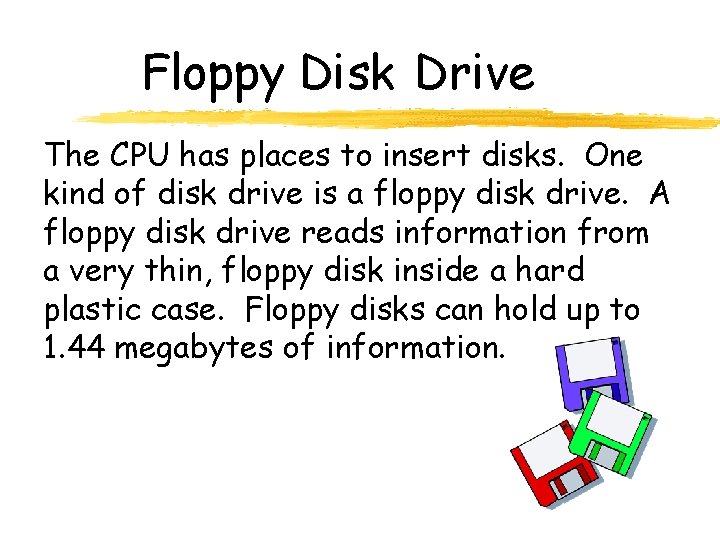 Floppy Disk Drive The CPU has places to insert disks. One kind of disk