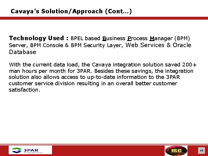 Cavaya's Solution/Approach (Cont…) Technology Used : BPEL based Business Process Manager (BPM) Server, BPM