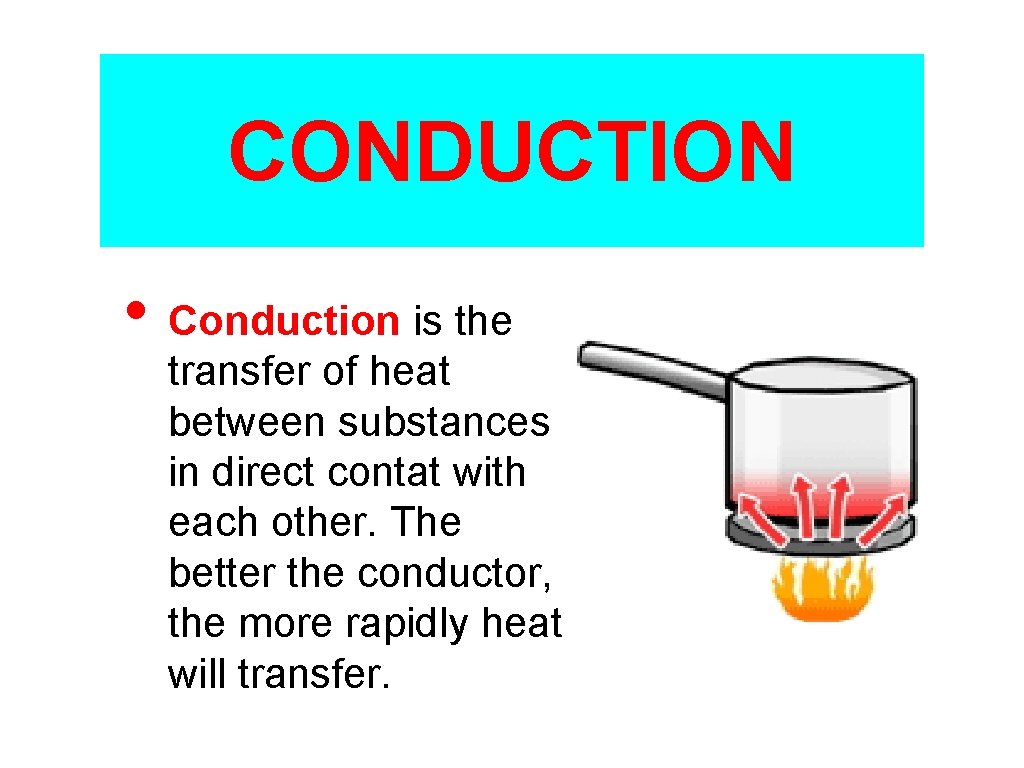 CONDUCTION • Conduction is the transfer of heat between substances in direct contat with
